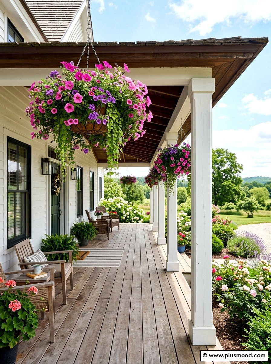 Hanging Flower Baskets - 25 summer farmhouse patio ideas