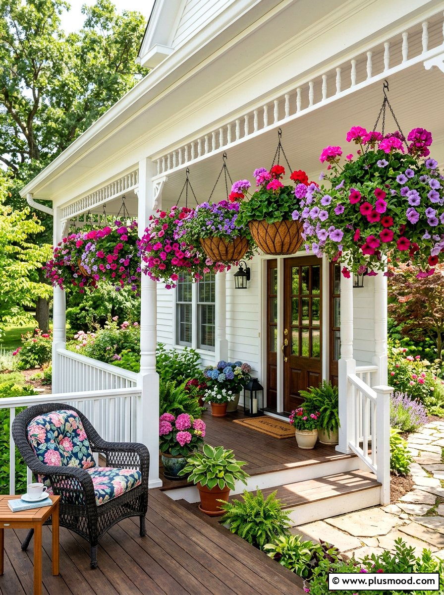 Hanging Flower Baskets - 25 summer front porch decor ideas
