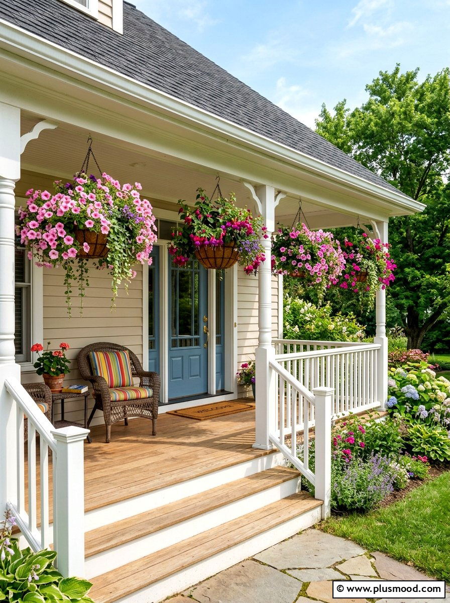 Hanging Flower Baskets - 25 summer front porch landscaping ideas