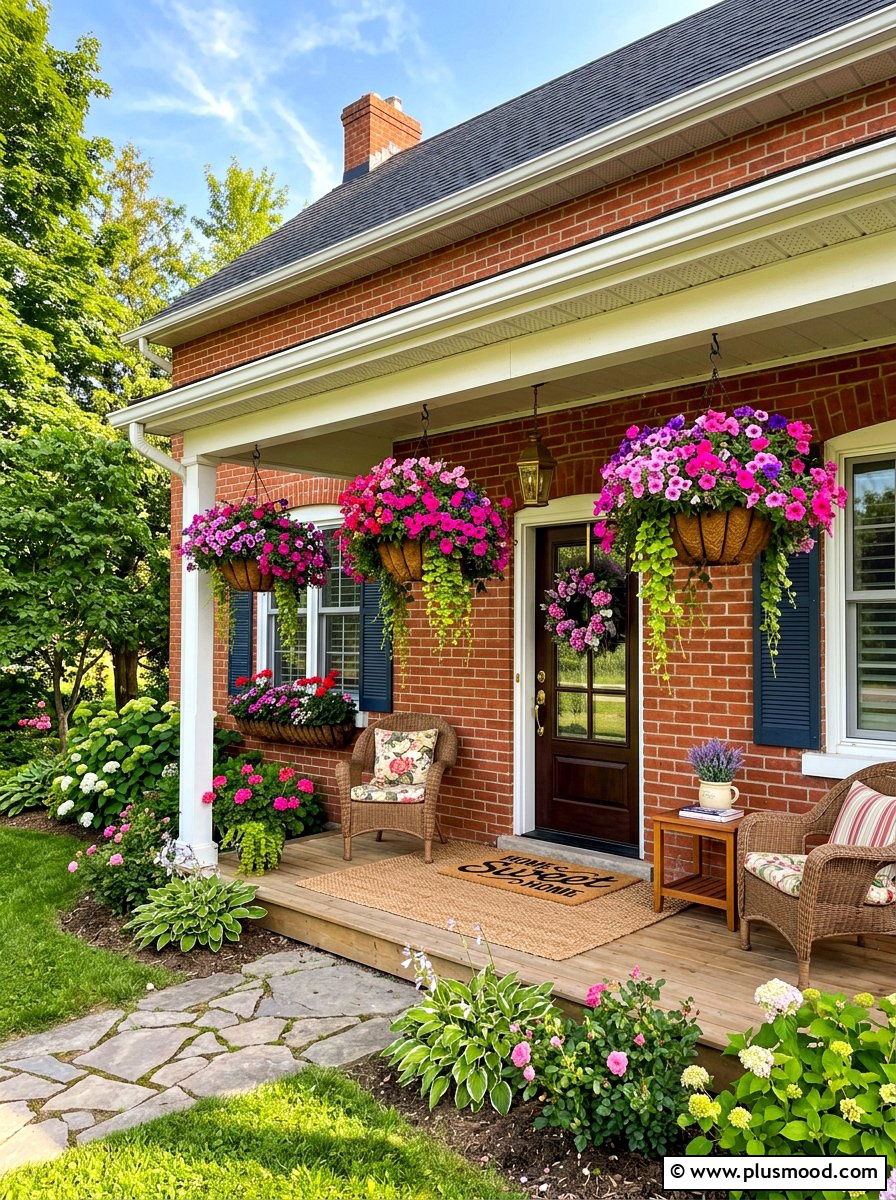 Hanging Flower Baskets - 25 summer brick house curb appeal ideas