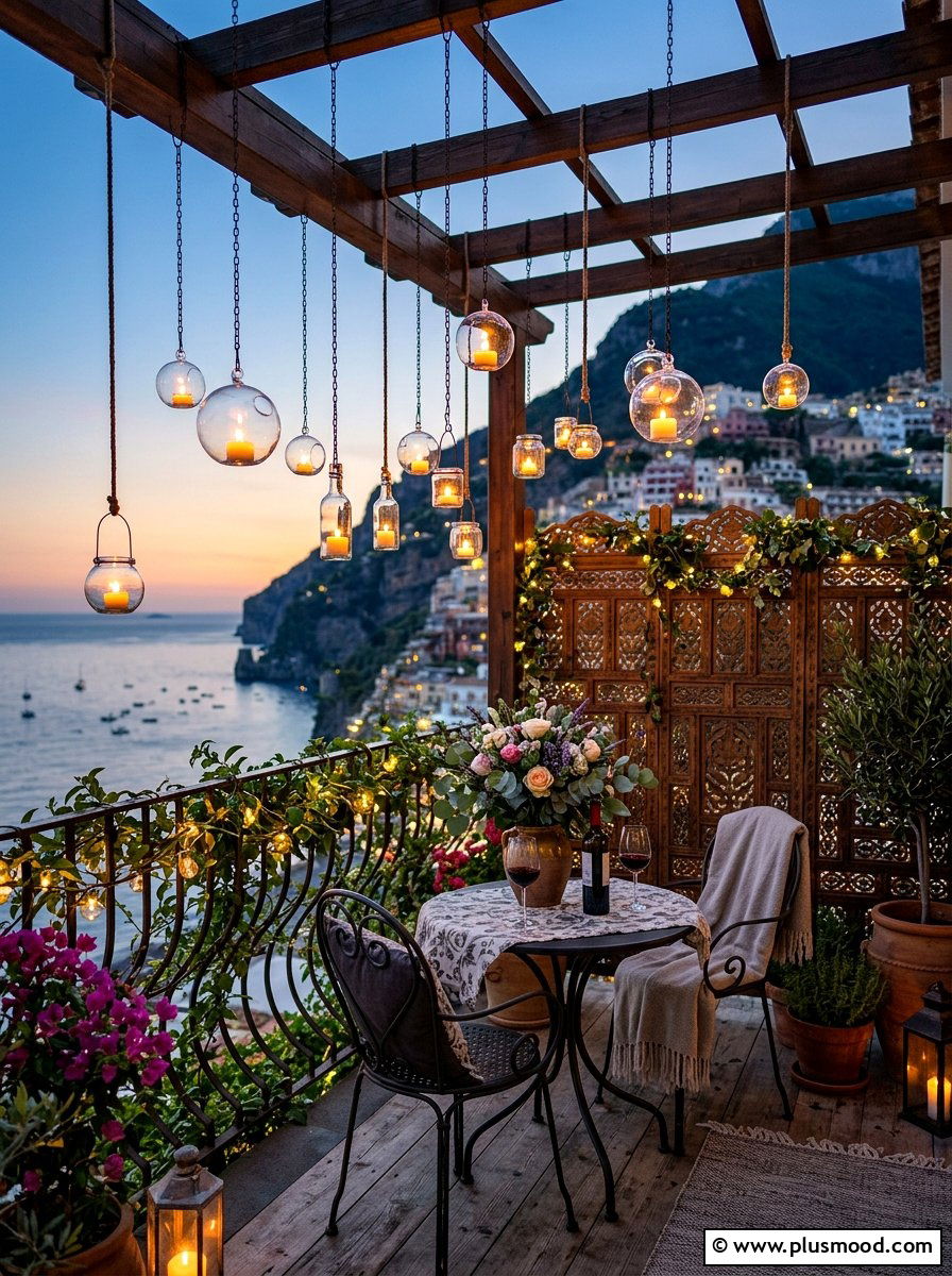 Hanging Glass Candle Holders - 25 summer balcony lighting ideas