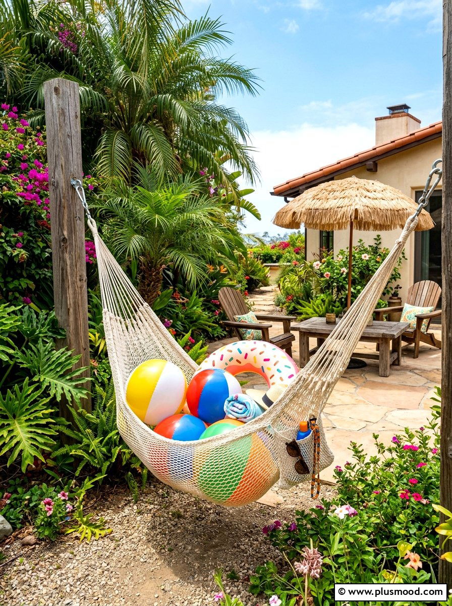 Hanging Mesh Hammock - 25 summer pool float storage ideas