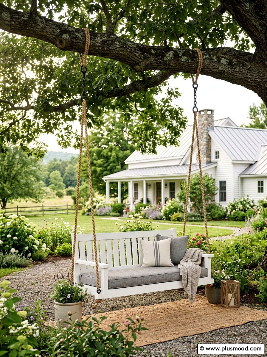 Hanging Porch Swing - 25 small backyard ideas farmhouse style