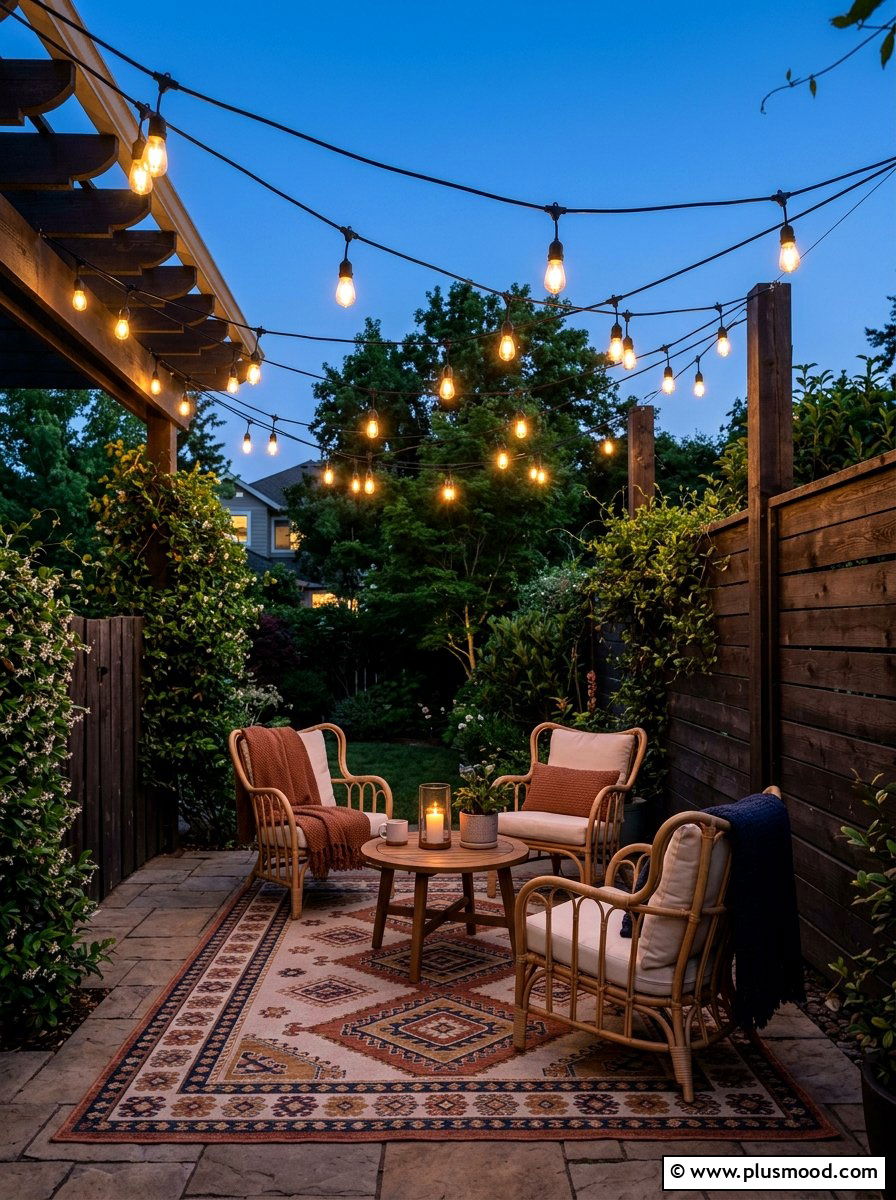 Hanging String Lights - 25 small backyard ideas with yoga space