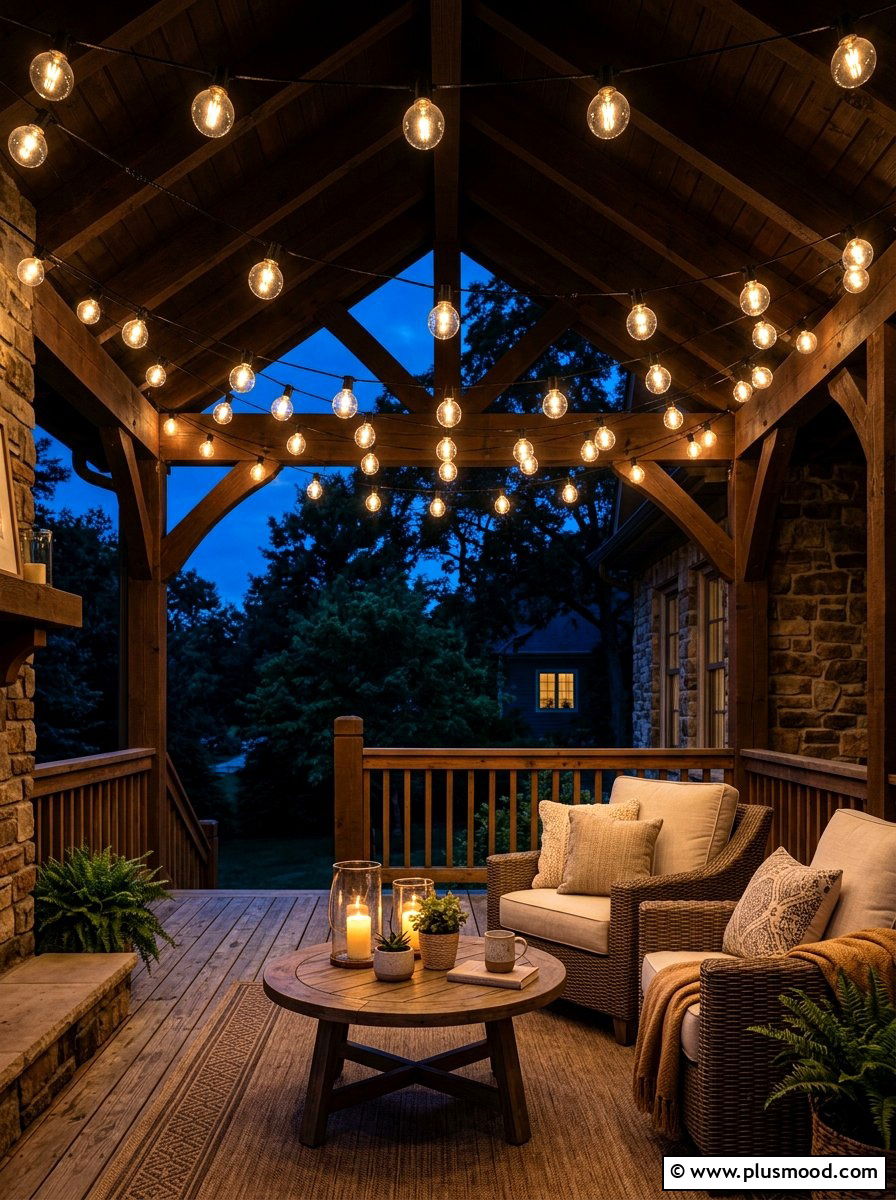 Hanging String Lights - 25 summer narrow porch ideas