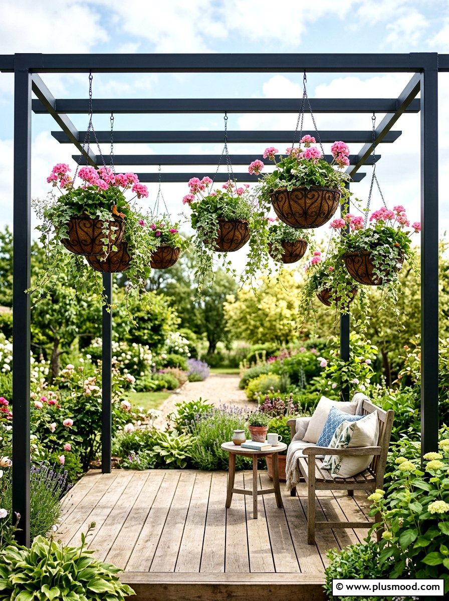 Hanging basket arrangement - 25 small backyard ideas with container garden