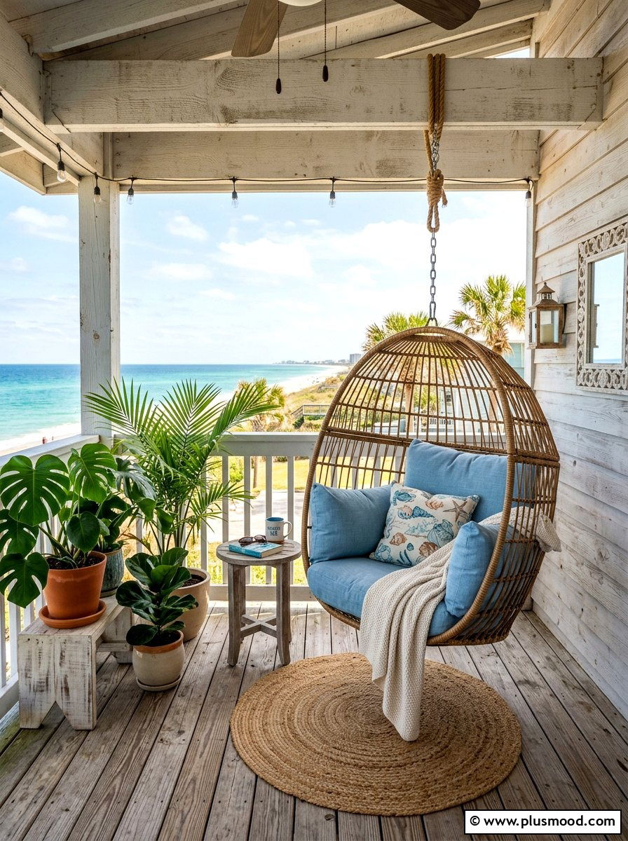 Hanging chair coastal porch - 25 summer coastal porch ideas