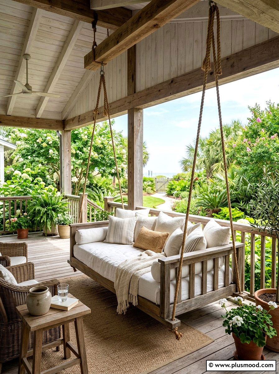 Hanging daybed on porch - 25 summer rustic backyard ideas