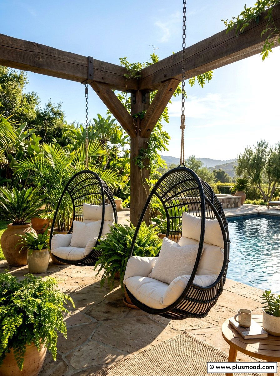 Hanging egg chair corner - 25 summer cozy poolside nook ideas