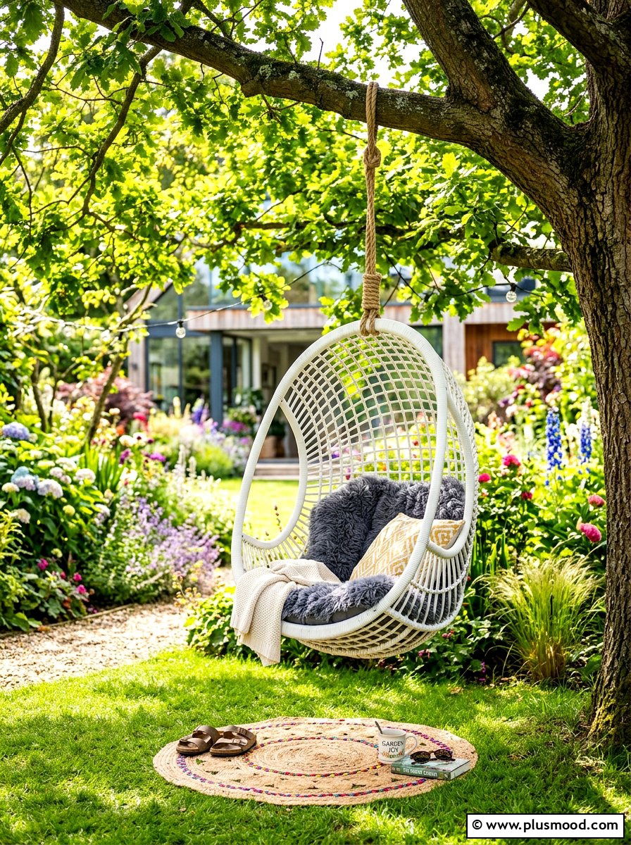 Hanging egg chair tree - 25 cozy summer backyard ideas