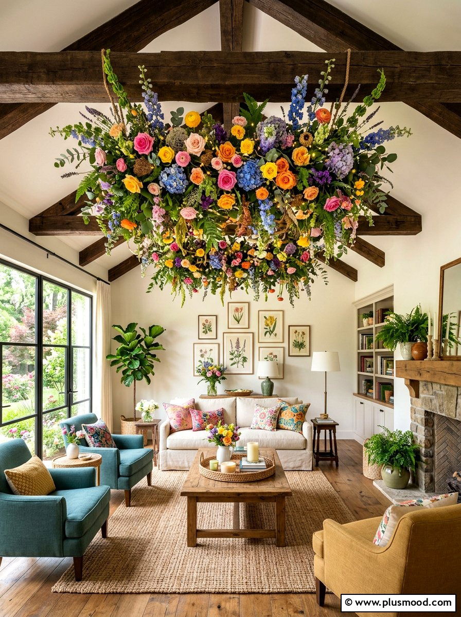Hanging floral installation - 25 summer floral decor ideas for living room