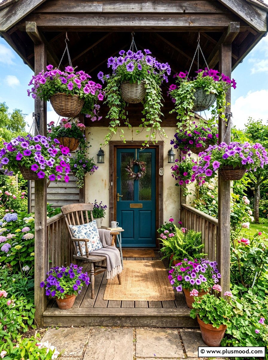 Hanging flower basket display - 25 summer small porch curb appeal ideas