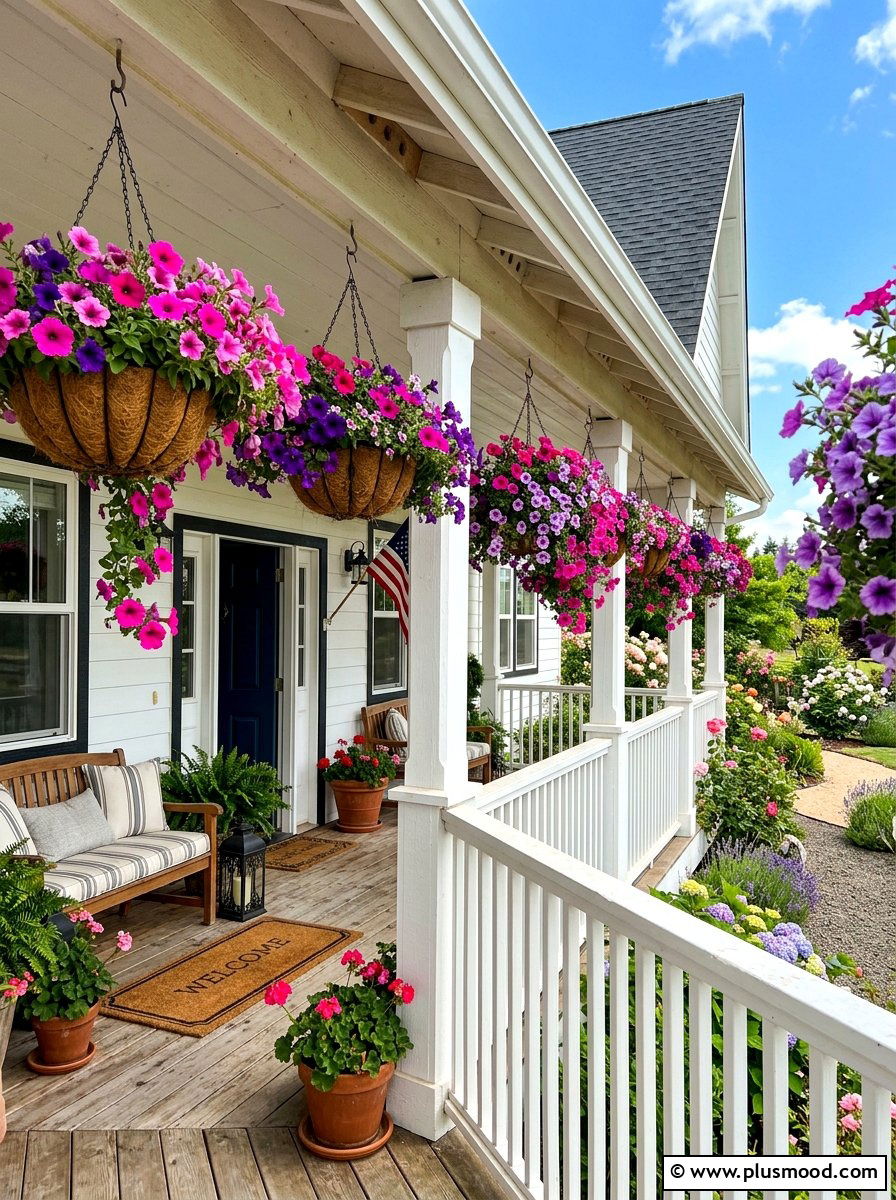 Hanging flower basket porch - 25 summer farmhouse outdoor entertaining ideas