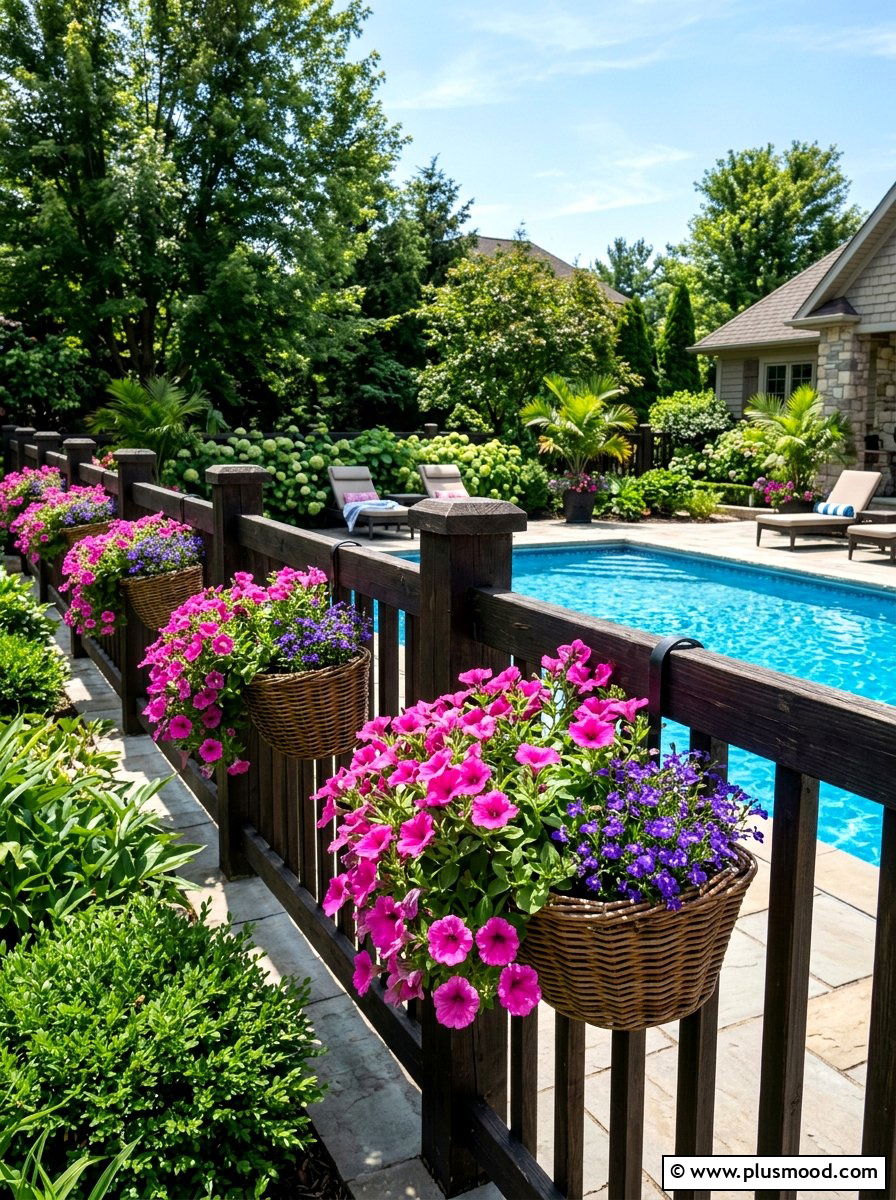 Hanging flower baskets for pool fence - 25 summer pool fence decor ideas