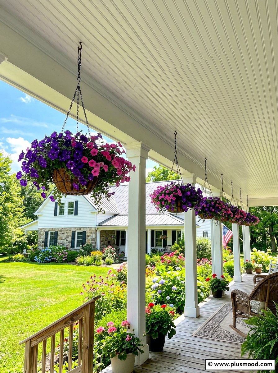 Hanging flower baskets for porch - 25 summer farmhouse porch ideas