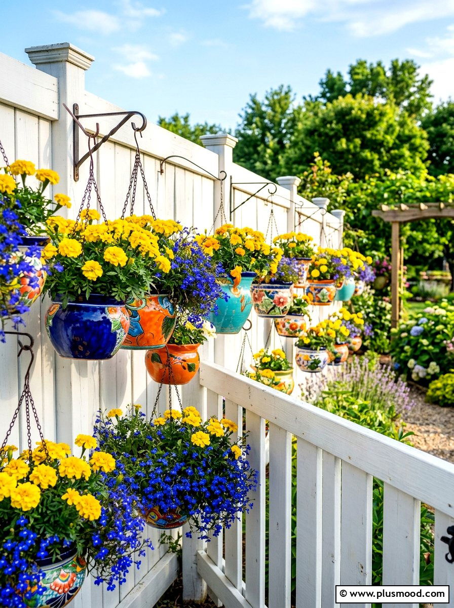 Hanging flower pots on fence - 25 summer backyard fence decor ideas