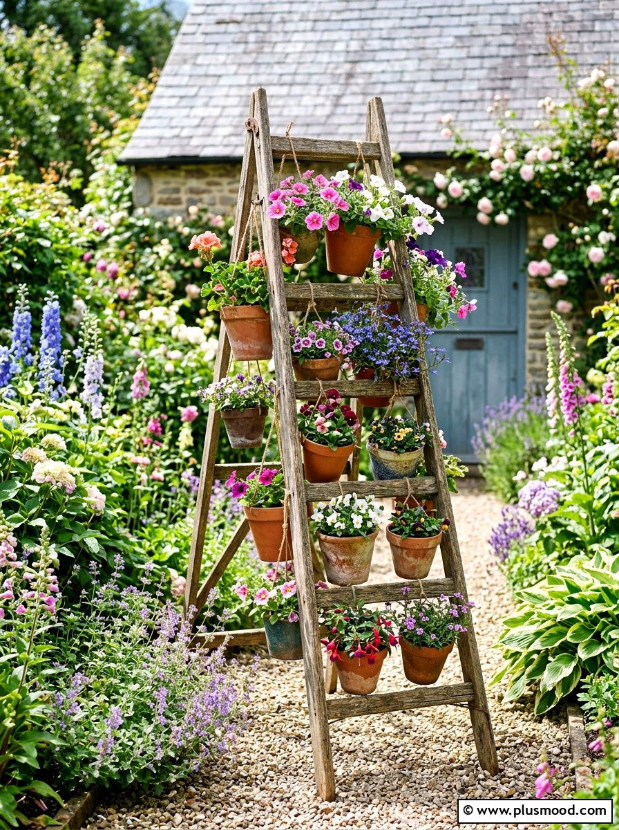 Hanging ladder plant display - 25 small backyard ideas with hanging plants