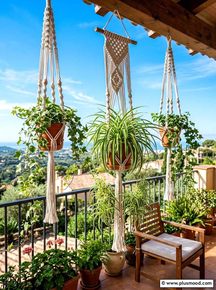 Hanging macrame plant holders - 25 summer balcony ideas on a budget
