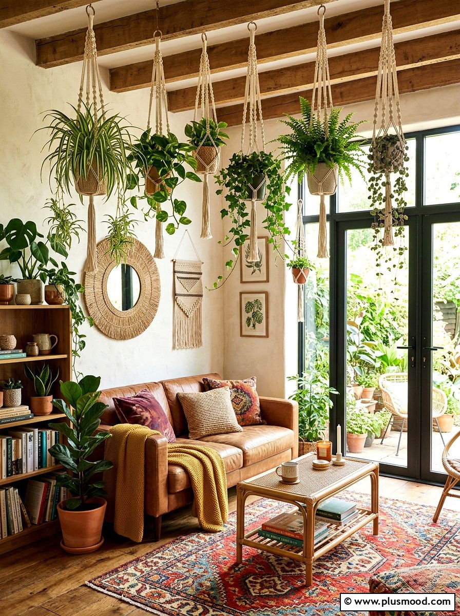 Hanging macrame planters - 25 summer greenery decor ideas for living room
