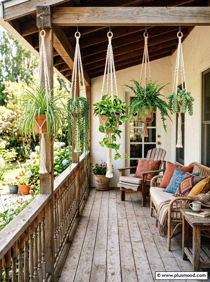 Hanging macrame plants - 25 summer porch rail decor ideas