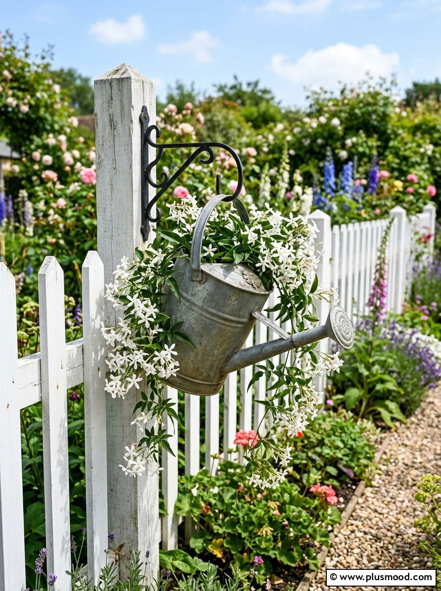 Hanging metal watering can - 25 outdoor garden decor ideas with watering cans