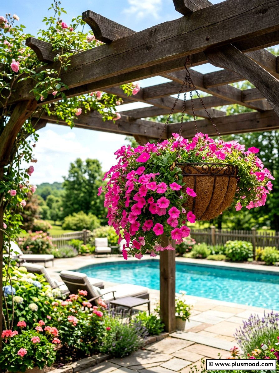 Hanging petunia basket planter - 25 summer poolside planter ideas