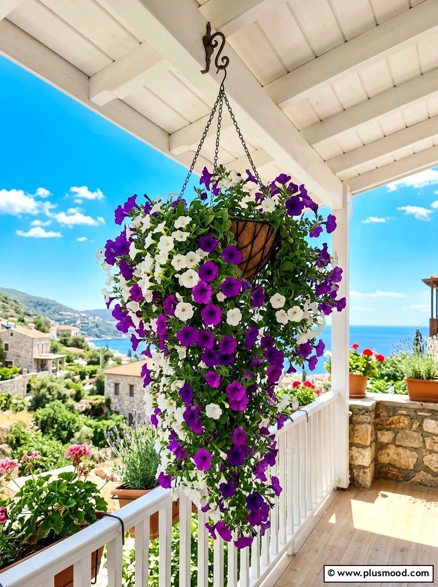 Hanging petunia basket - 25 summer balcony flower ideas