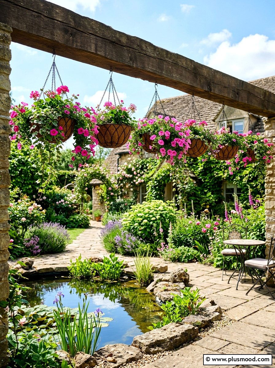 Hanging plant basket display - 25 pool landscaping ideas for small spaces