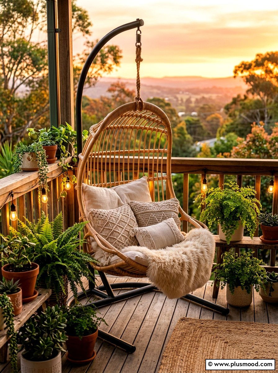 Hanging rattan chair for balcony - 25 summer boho balcony ideas