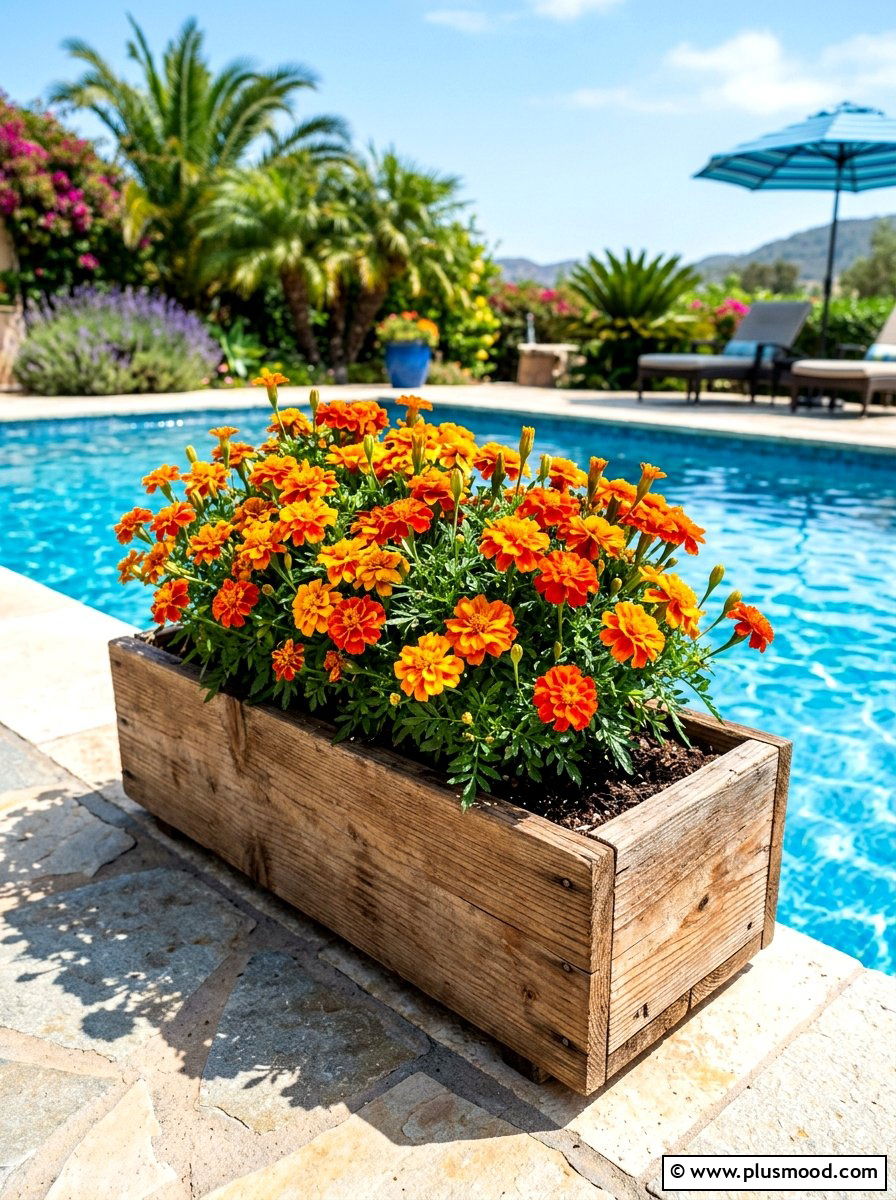 Heat tolerant marigold planter - 25 summer poolside planter ideas