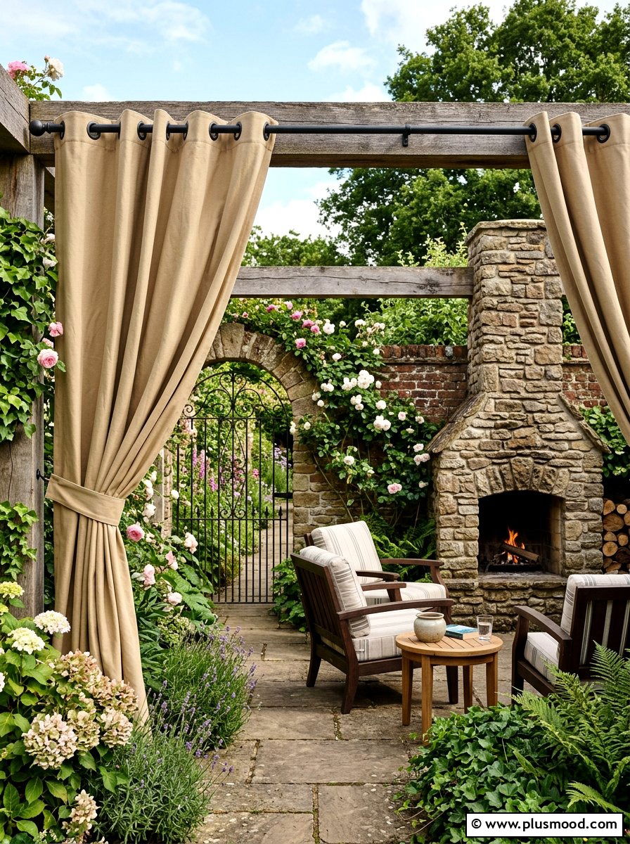 Heavy Canvas Privacy Drapes - 25 small backyard ideas with outdoor curtains