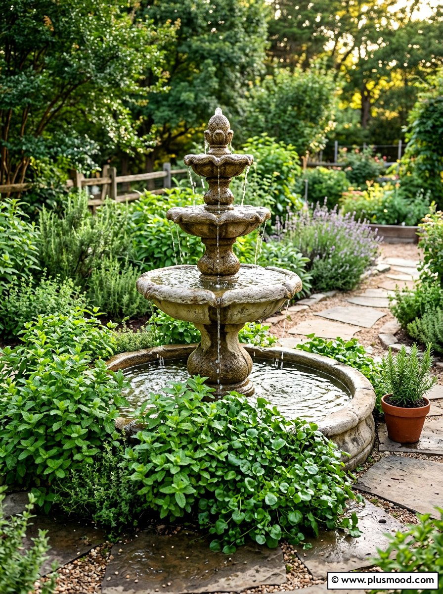 Herb Garden Fountain - 25 small backyard ideas with herb garden
