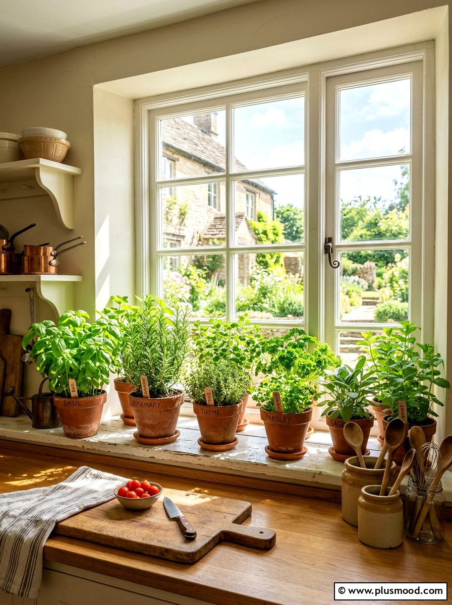 Herb Garden Window - 25 summer farmhouse kitchen ideas