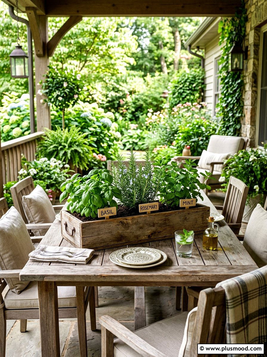 Herb garden planter for outdoor table - 25 summer porch table decor ideas