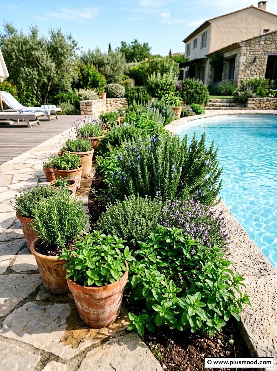 Herb garden pool border - 25 pool landscaping ideas for cottagecore theme
