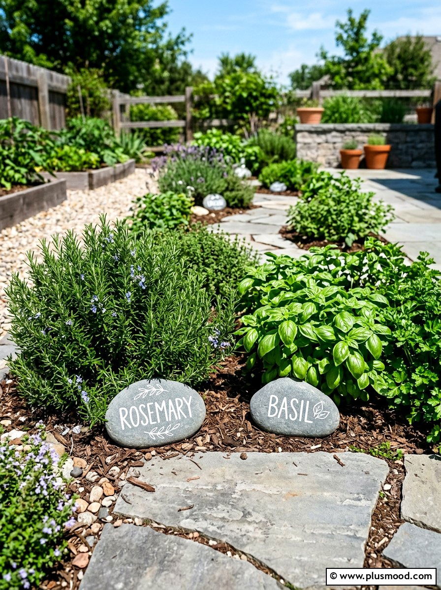 Herb garden stones - 25 painted rock ideas with vegetable garden labels