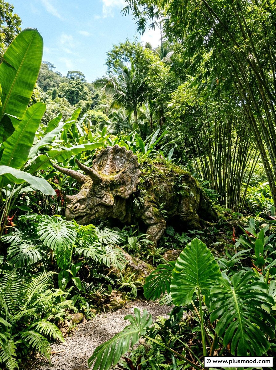 Herbivore dinosaur in jungle - 25 painted rock ideas with dinosaur art