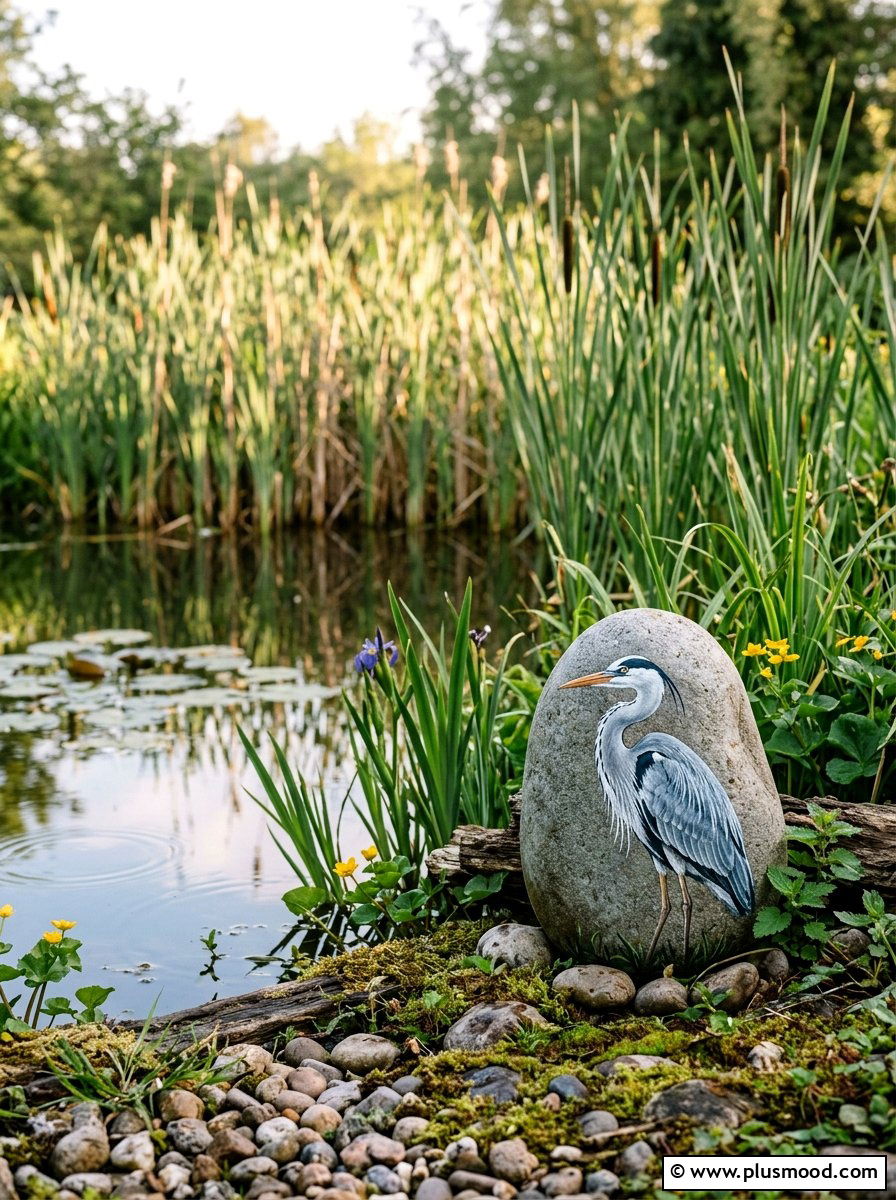Heron - 25 painted rock ideas for koi pond decor