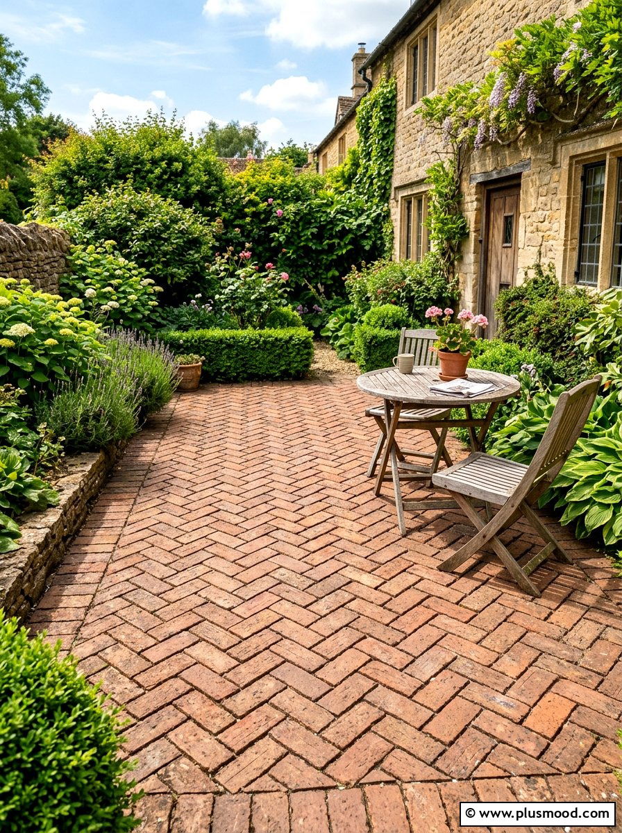 Herringbone Brick Patio - 25 small backyard ideas with pavers