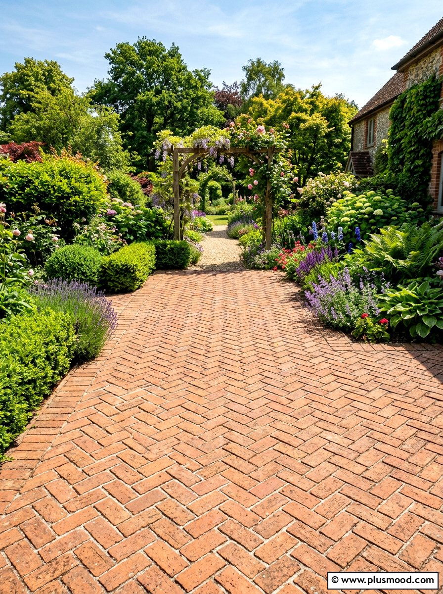 Herringbone Brick Patio - 25 small backyard ideas with brick patio
