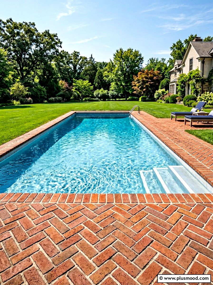 Herringbone Brick Pool Coping - 25 pool landscaping ideas with brick edging