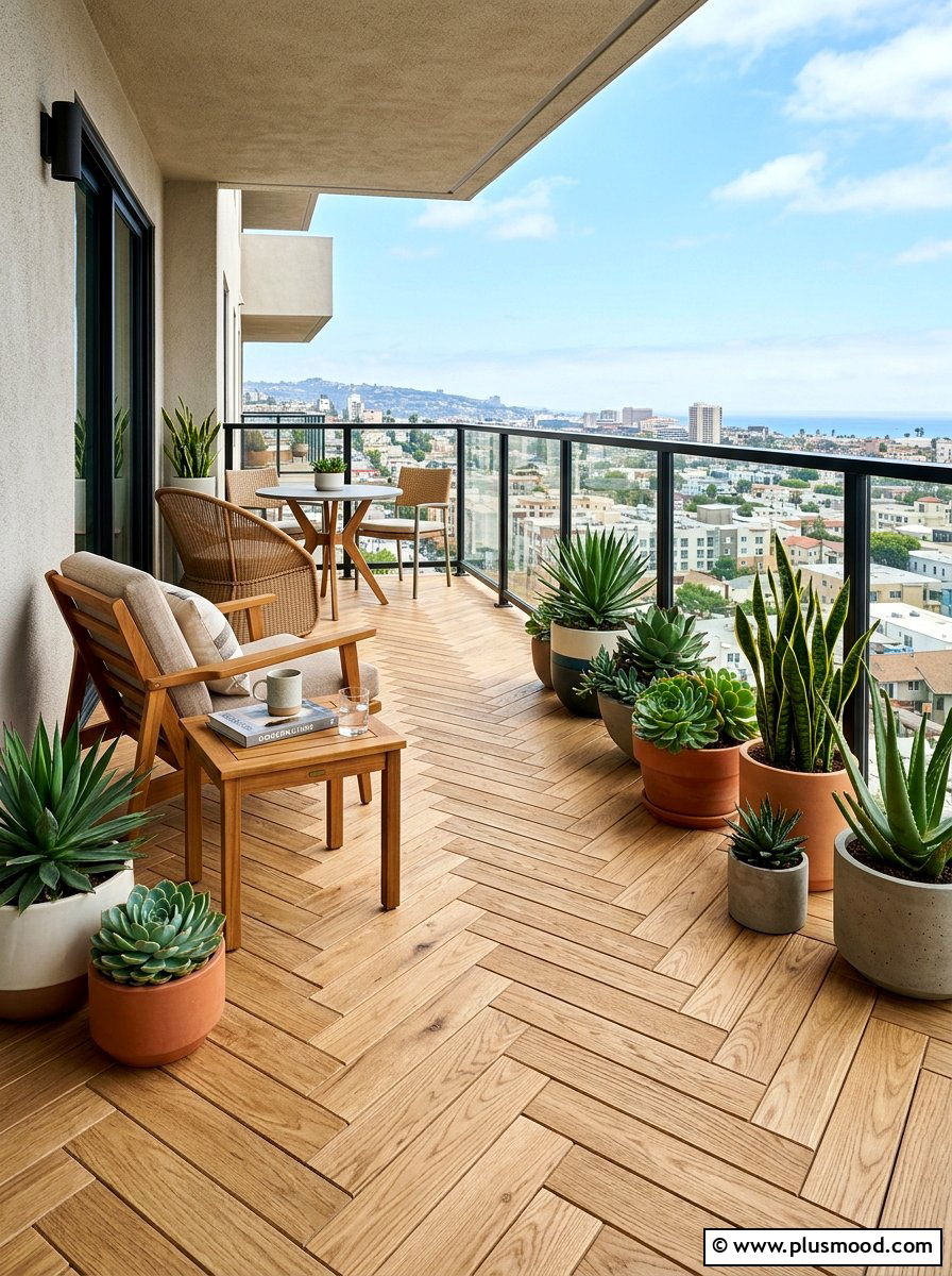 Herringbone deck tiles - 25 summer balcony floor decor ideas