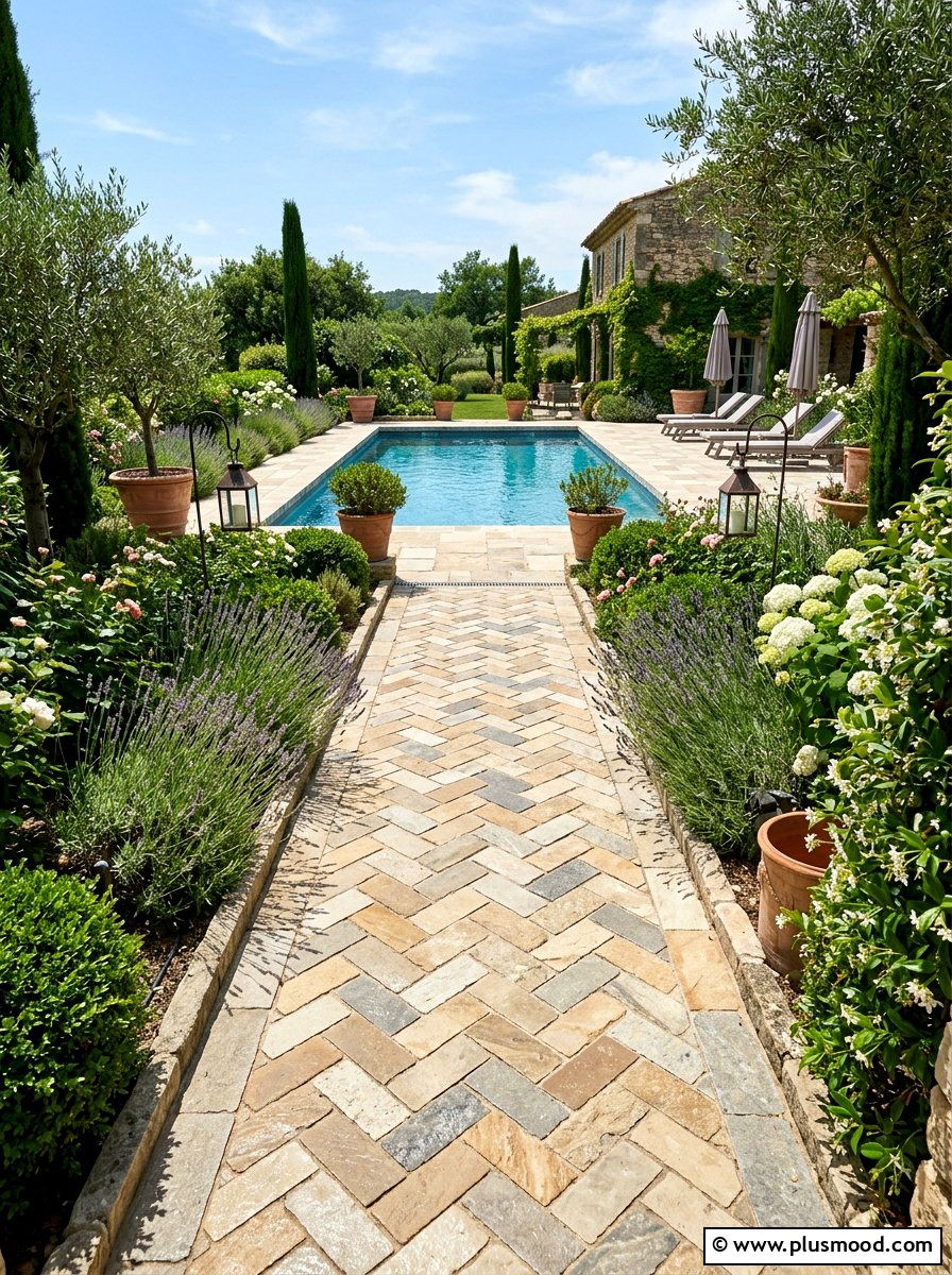 Herringbone stone pavers - 25 pool landscaping ideas with stepping stones