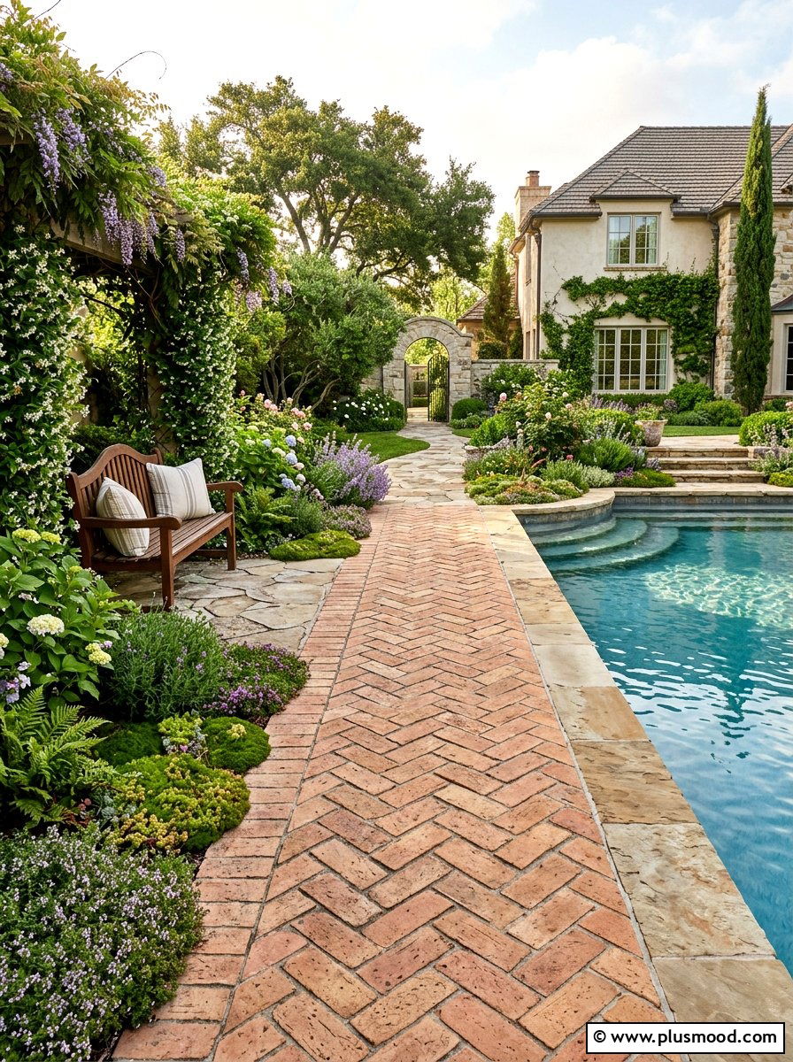 Herringbone tile pool walkway - 25 pool landscaping ideas with tile accents