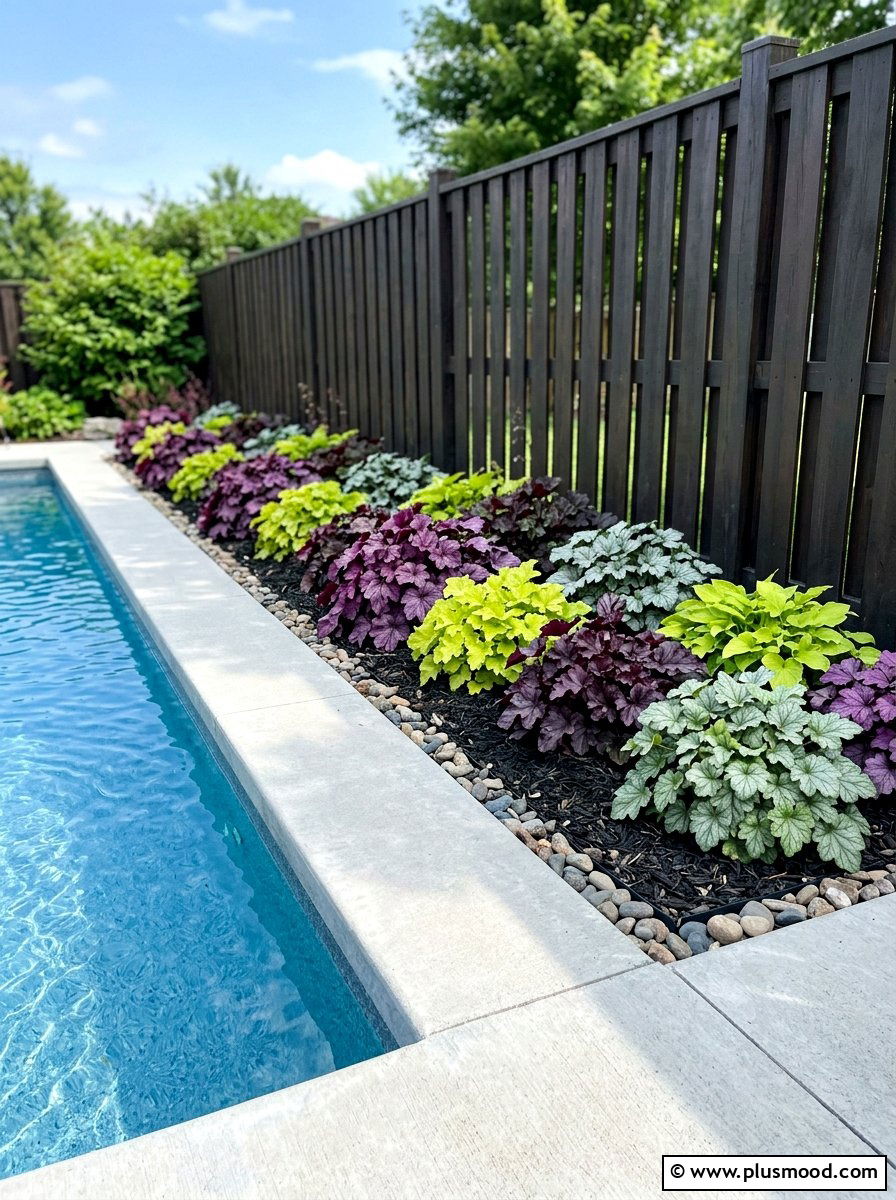 Heuchera Colorful Foliage Pool Border - 25 pool landscaping ideas for shaded backyards
