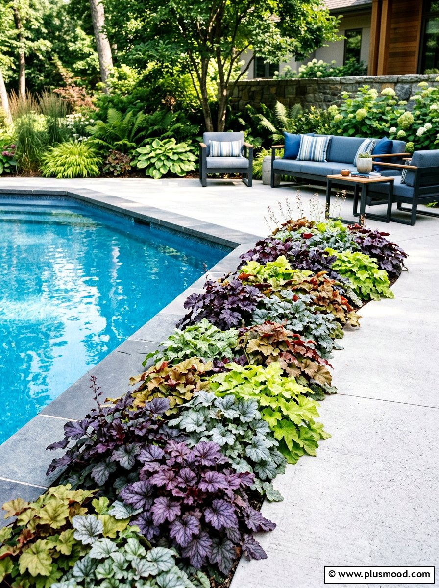 Heuchera Colorful Pool Border - 25 pool landscaping ideas for shade gardens