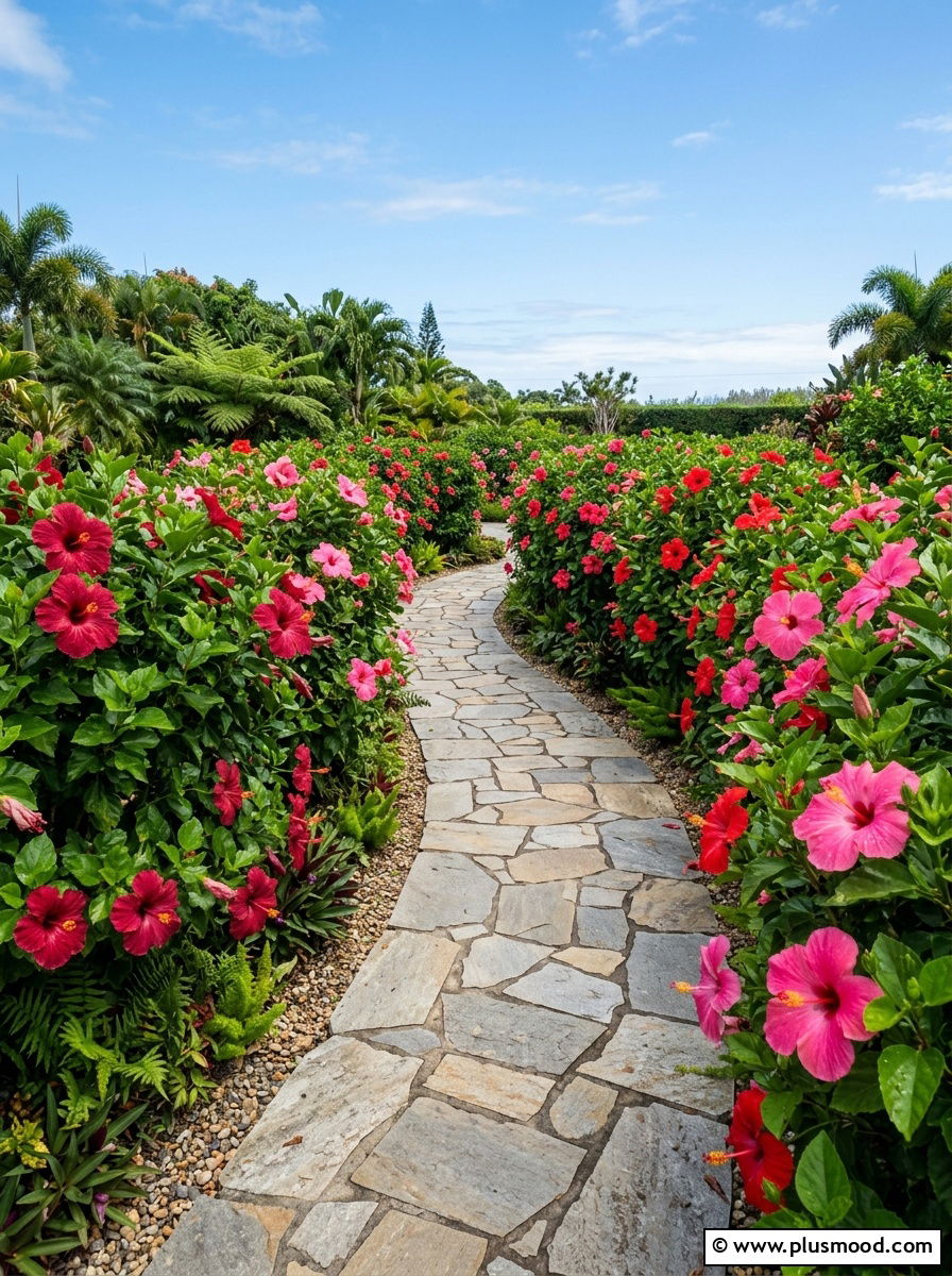 Hibiscus Flower Garden Path - 25 outdoor garden decor ideas with tropical plants