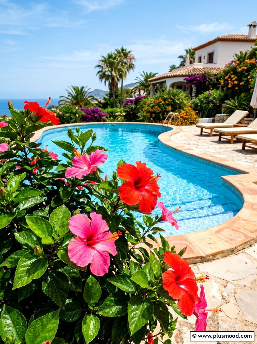Hibiscus Flowers Poolside - 25 pool landscaping ideas for beginners