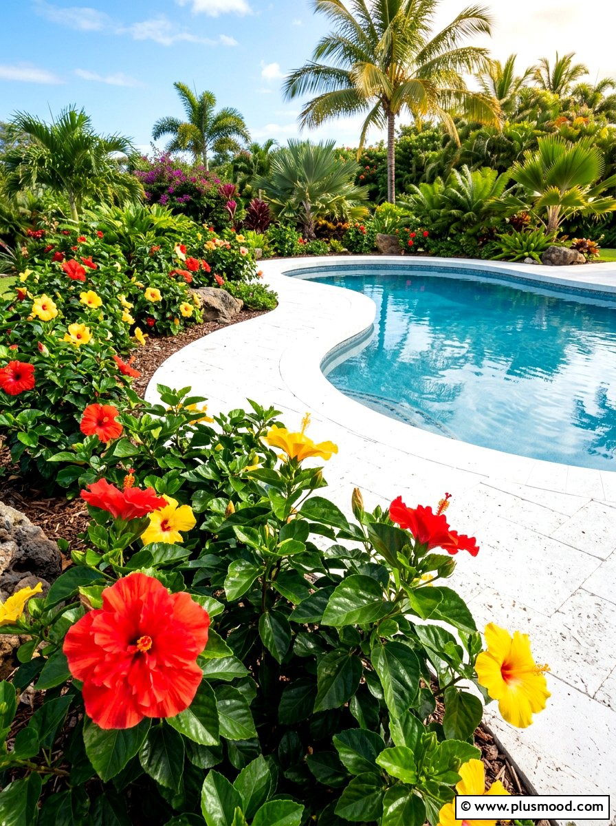 Hibiscus Garden Pool Surround - 25 pool landscaping ideas with tropical theme