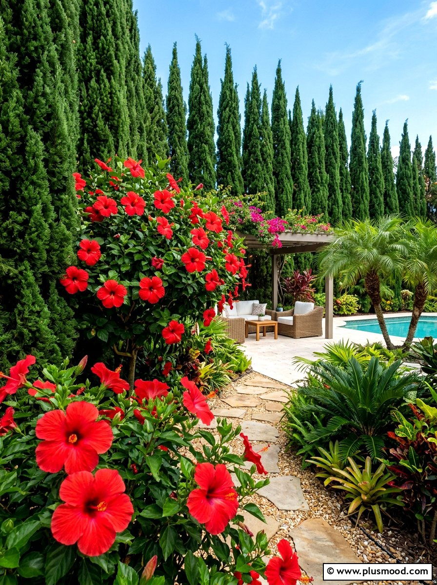 Hibiscus and cypress backdrop - 25 summer evergreen and flower mix ideas